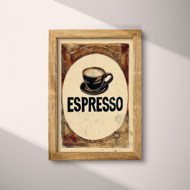 Full frame view of A vintage linocut print, the words "ESPRESSO" with an espresso