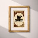 Matted frame view of A vintage linocut print, the words "ESPRESSO" with an espresso