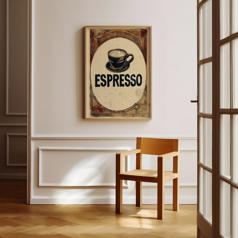 Room view with a full frame of A vintage linocut print, the words "ESPRESSO" with an espresso