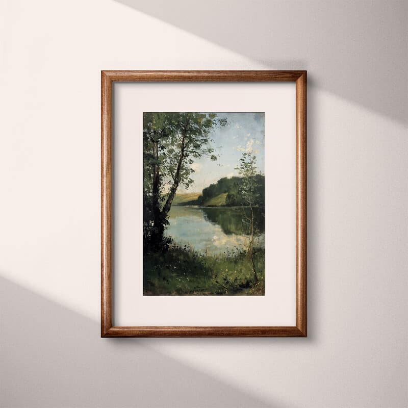 Matted frame view of An impressionist oil painting, lake vista in summer