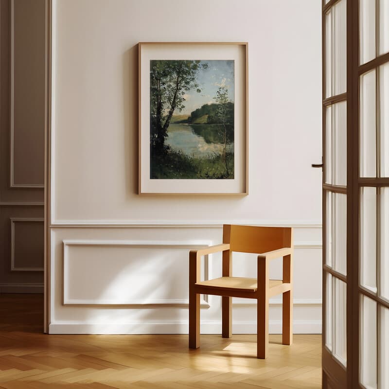 Room view with a matted frame of An impressionist oil painting, lake vista in summer