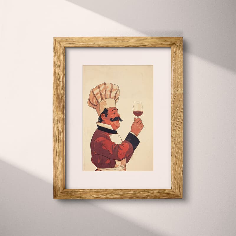 Matted frame view of A vintage cartoon drawing, a chef holding a glass of wine