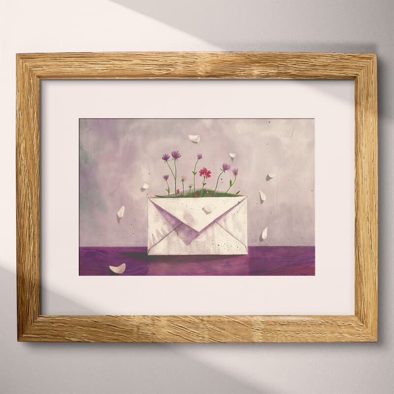 Matted frame view of A vintage pastel pencil illustration, an envelope on a table with flowers growing inside