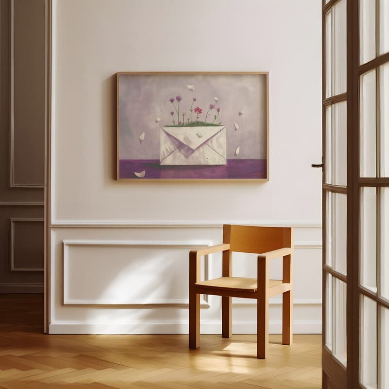 Room view with a full frame of A vintage pastel pencil illustration, an envelope on a table with flowers growing inside