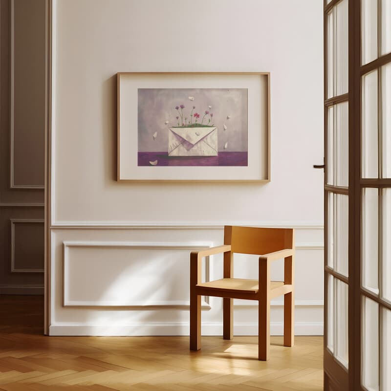 Room view with a matted frame of A vintage pastel pencil illustration, an envelope on a table with flowers growing inside