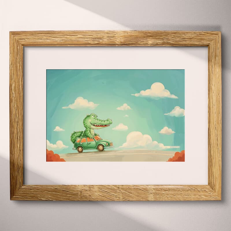 Matted frame view of A cute simple cartoon drawing, an alligator driving a car, clouds in the sky