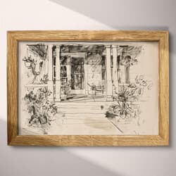 Front Porch Art | Architecture Wall Art | Architecture Print | Beige, Black and Gray Decor | Vintage Wall Decor | Entryway Digital Download | Housewarming Art | Autumn Wall Art | Graphite Sketch