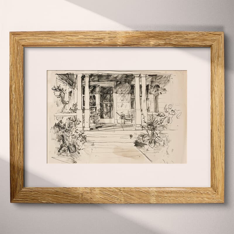 Matted frame view of A vintage graphite sketch, a front porch