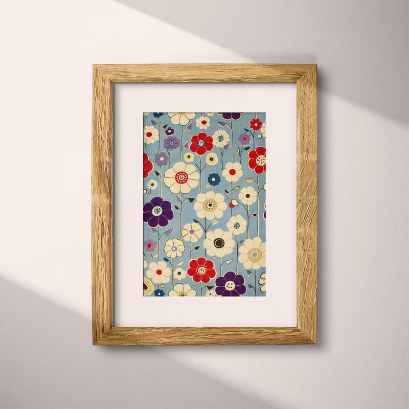 Matted frame view of A mid-century textile print, symmetric floral pattern