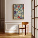 Room view with a full frame of A mid-century textile print, symmetric floral pattern