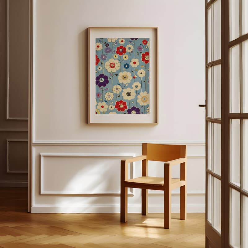 Room view with a matted frame of A mid-century textile print, symmetric floral pattern