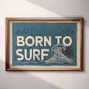 Full frame view of A vintage linocut print, the words "BORN TO SURF" with a wave