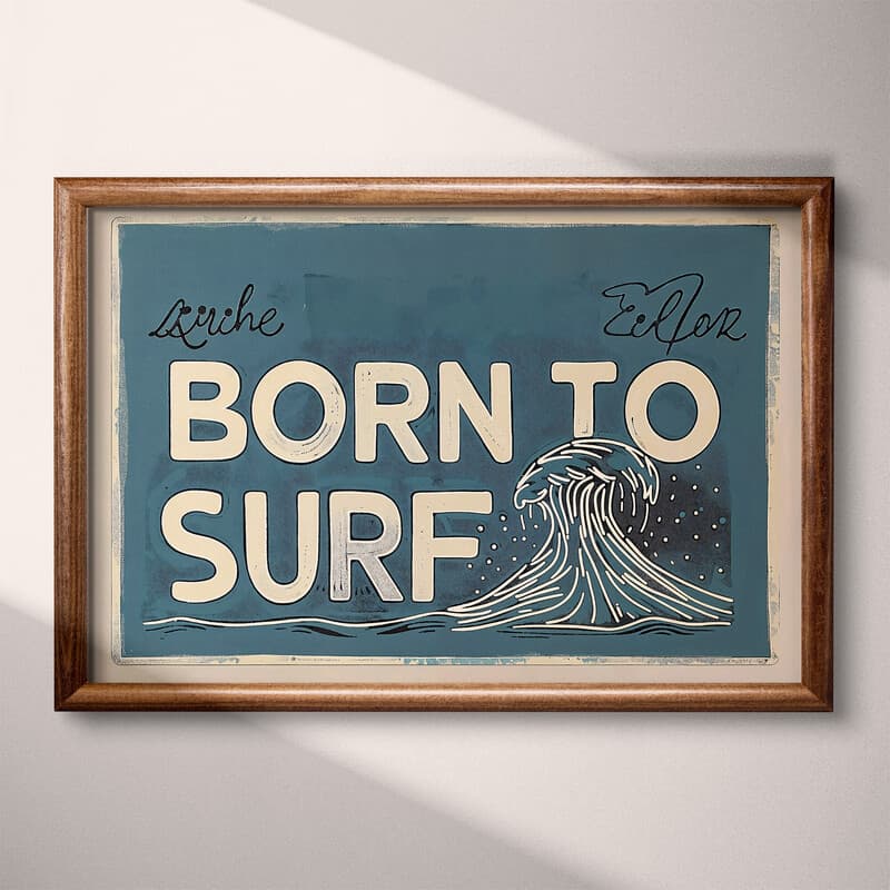 Full frame view of A vintage linocut print, the words "BORN TO SURF" with a wave