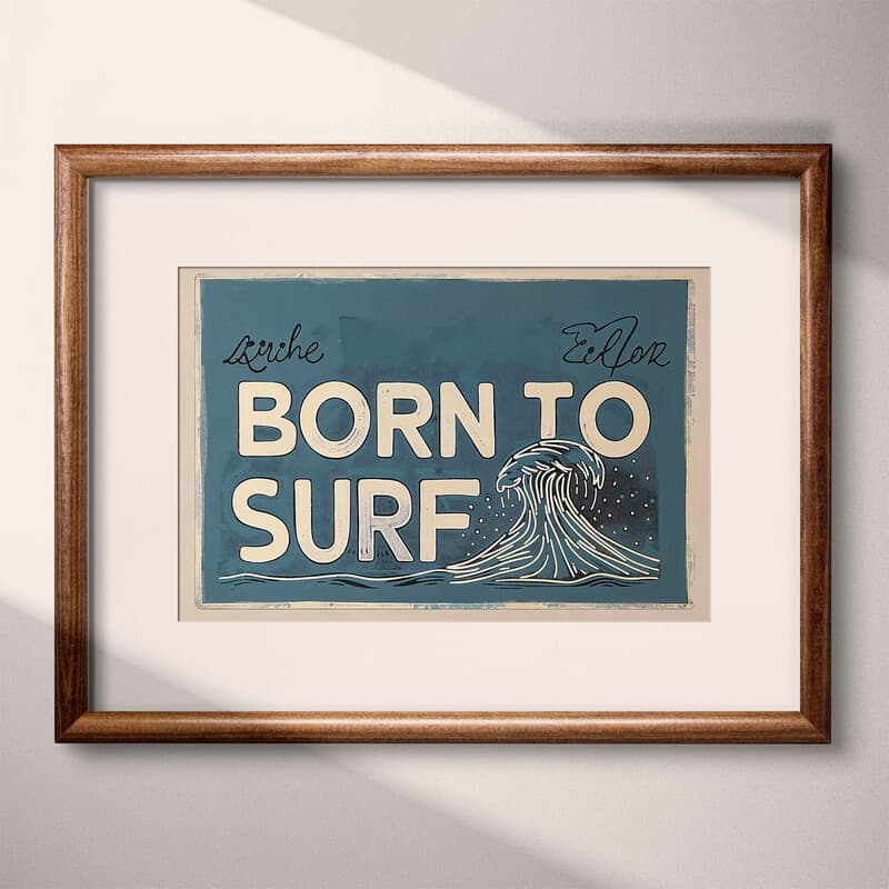 Matted frame view of A vintage linocut print, the words "BORN TO SURF" with a wave