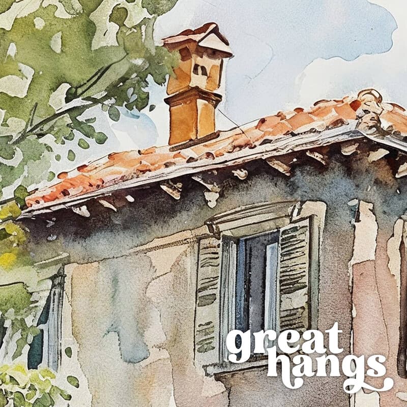 Closeup view of An impressionist watercolor painting, italian villa