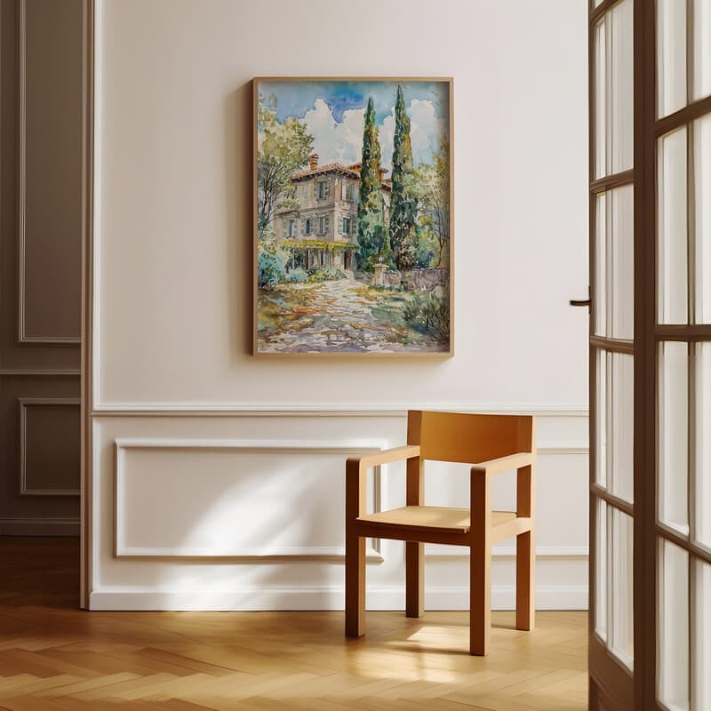 Room view with a full frame of An impressionist watercolor painting, italian villa