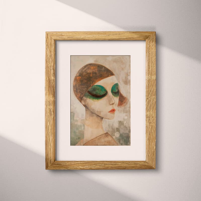 Matted frame view of An abstract vintage oil painting, a woman with green eye shadow