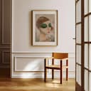 Room view with a matted frame of An abstract vintage oil painting, a woman with green eye shadow