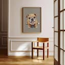 Room view with a full frame of A cute chibi anime pastel pencil illustration, a bulldog
