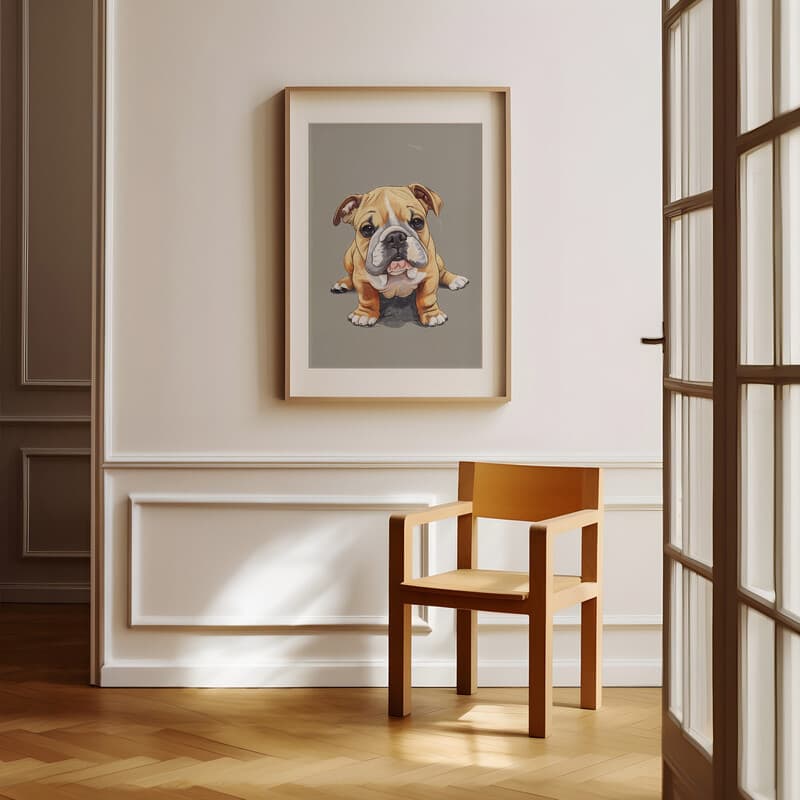 Room view with a matted frame of A cute chibi anime pastel pencil illustration, a bulldog