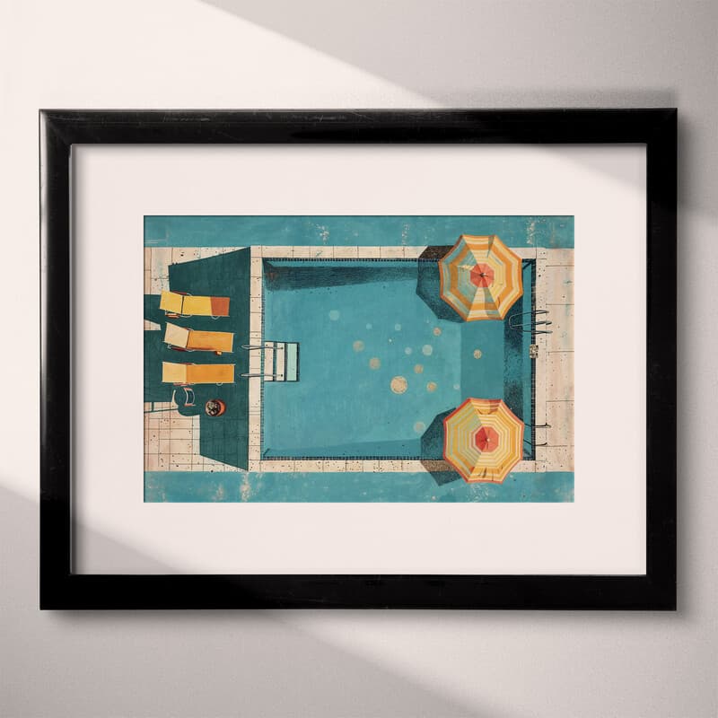 Matted frame view of A retro pastel pencil illustration, a swimming pool, overhead view