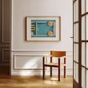 Room view with a matted frame of A retro pastel pencil illustration, a swimming pool, overhead view