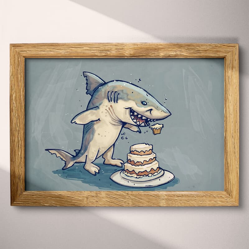 Full frame view of A cute simple cartoon drawing, a shark about to eat a cake