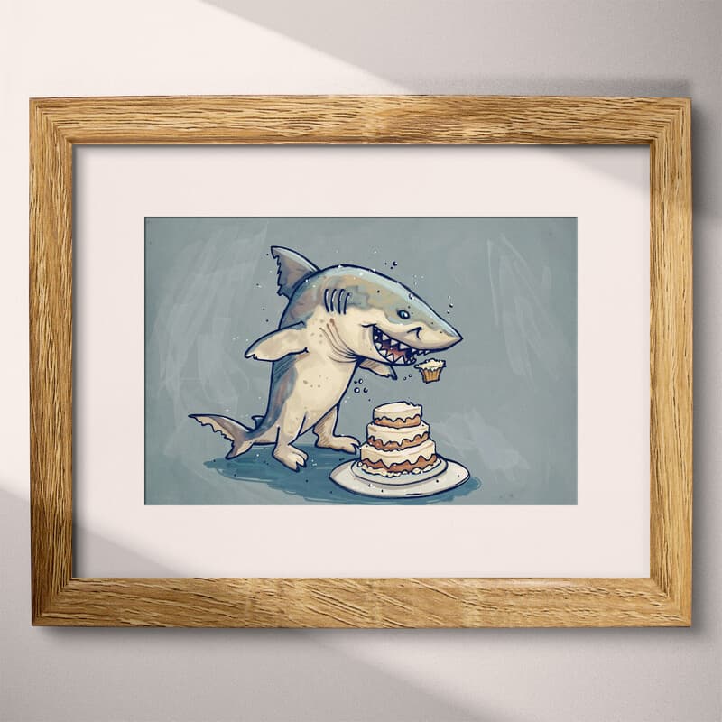 Matted frame view of A cute simple cartoon drawing, a shark about to eat a cake