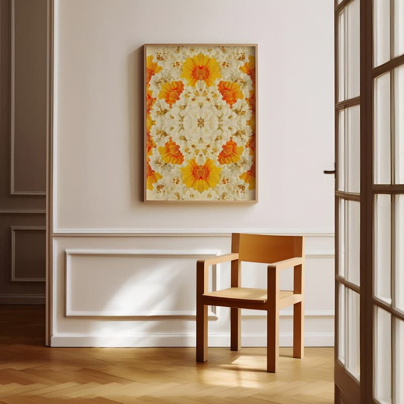 Room view with a full frame of A retro textile print, symmetric popcorn pattern