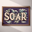 Full frame view of A vintage linocut print, the word "SOAR" with birds