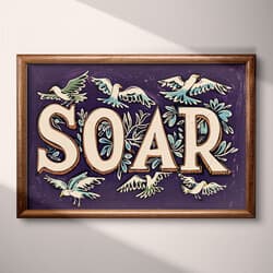 Soar Birds Digital Download | Bird Wall Decor | Quotes & Typography Decor | Purple, White, Brown, Blue and Black Print | Vintage Wall Art | Living Room Art | Graduation Digital Download | Spring Wall Decor | Linocut Print