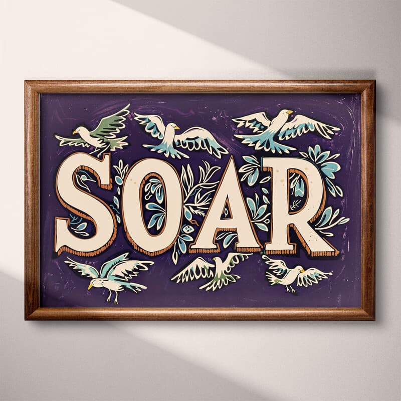 Full frame view of A vintage linocut print, the word "SOAR" with birds