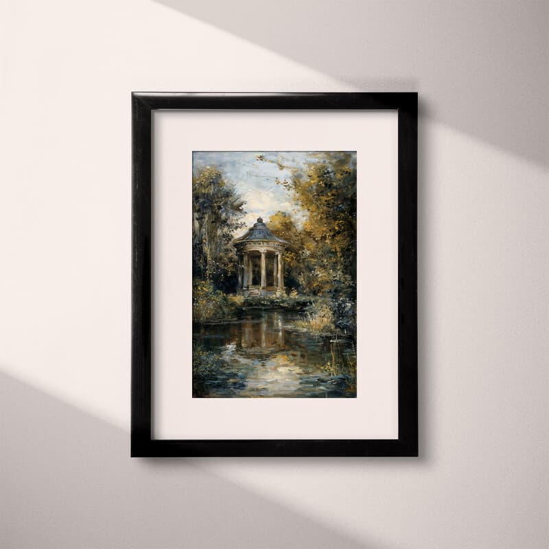 Matted frame view of An impressionist oil painting, a gazebo and a garden