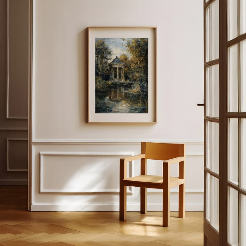 Room view with a matted frame of An impressionist oil painting, a gazebo and a garden