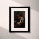 Matted frame view of A baroque oil painting, a boy reading, side view