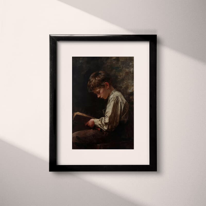 Matted frame view of A baroque oil painting, a boy reading, side view