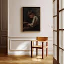 Room view with a full frame of A baroque oil painting, a boy reading, side view