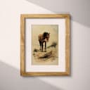 Matted frame view of A vintage pastel pencil illustration, a horse and tumbleweed