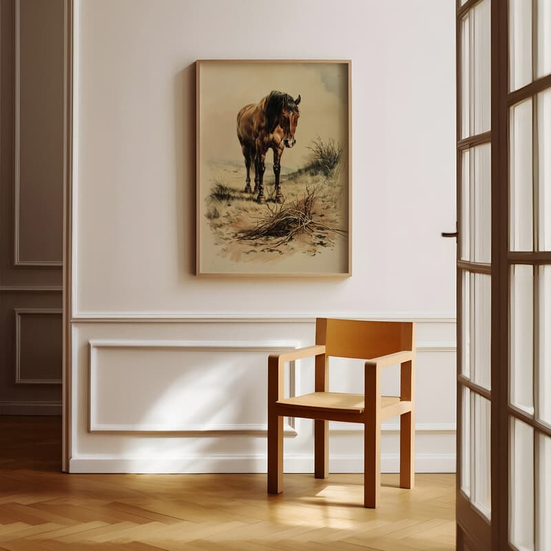 Room view with a full frame of A vintage pastel pencil illustration, a horse and tumbleweed