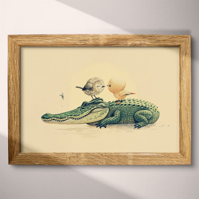 Full frame view of A cute chibi anime pastel pencil illustration, a bird on top of a crocodile