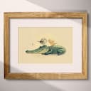 Matted frame view of A cute chibi anime pastel pencil illustration, a bird on top of a crocodile