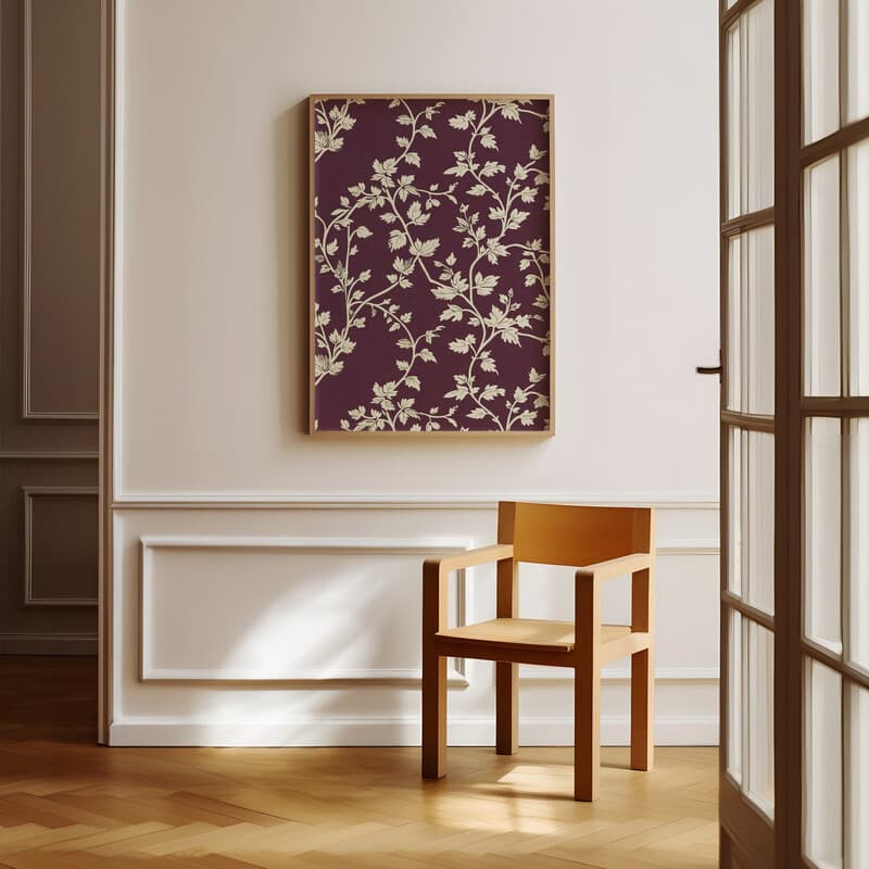 Room view with a full frame of A botanical textile print, vine pattern