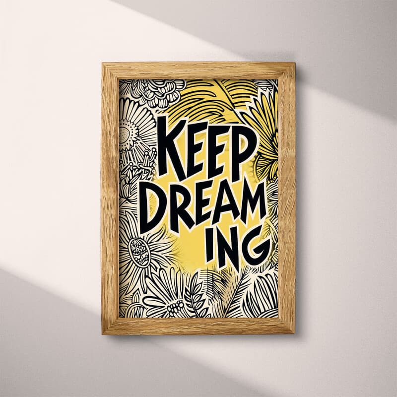 Full frame view of A vintage linocut print, the words "KEEP DREAMING" with a whimsical pattern