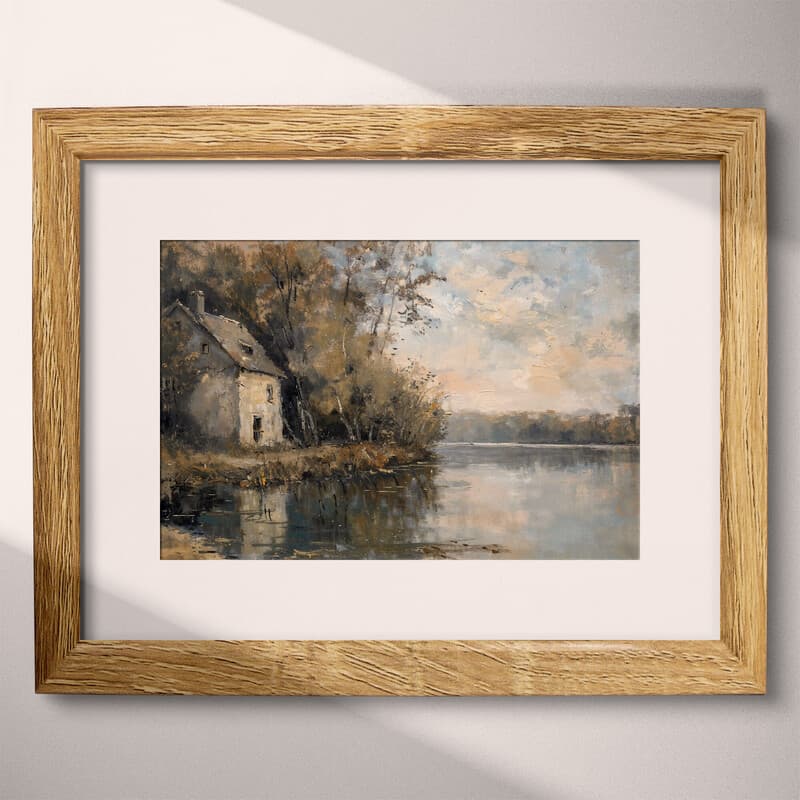 Matted frame view of An impressionist oil painting, cottage by the lake