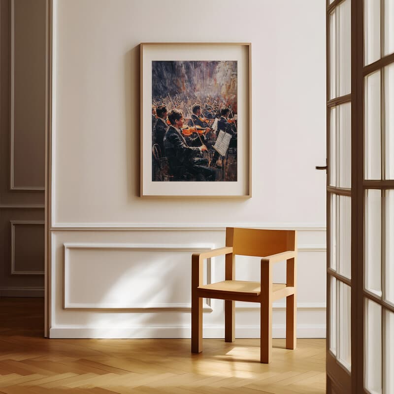 Room view with a matted frame of A vintage oil painting, an orchestra performance, distant view