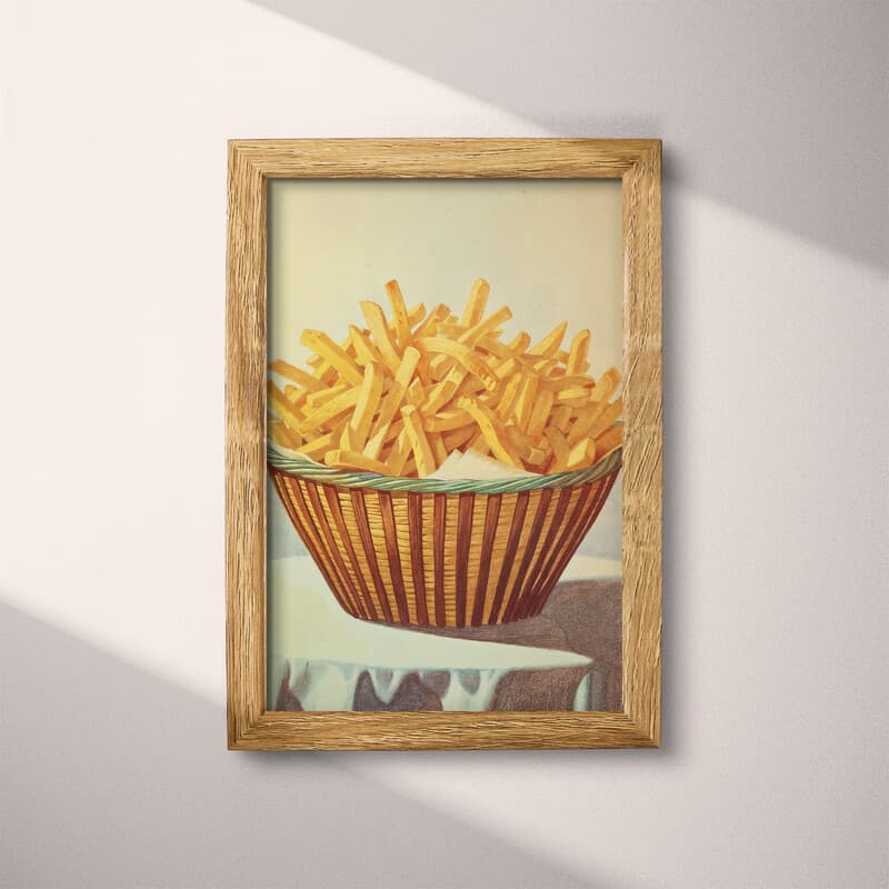 Full frame view of A vintage pastel pencil illustration, basket of french fries on a table