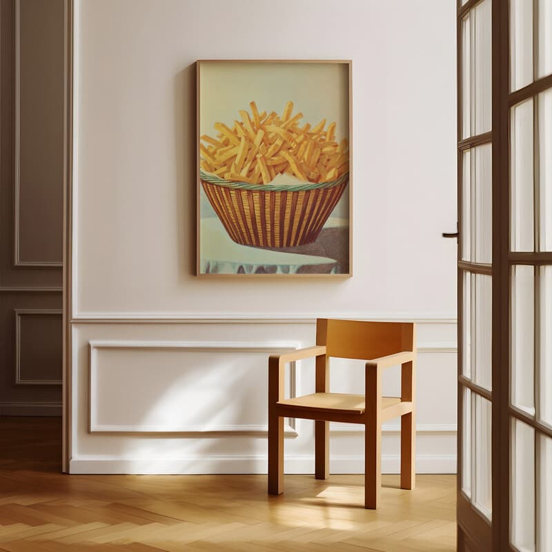 Room view with a full frame of A vintage pastel pencil illustration, basket of french fries on a table