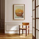 Room view with a matted frame of A vintage pastel pencil illustration, basket of french fries on a table