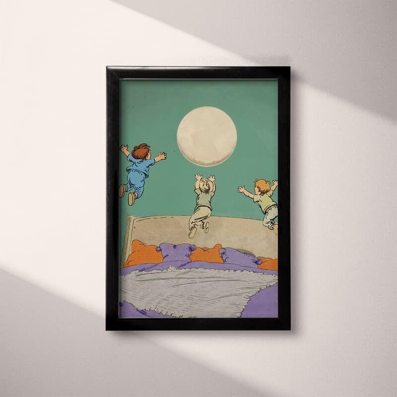 Full frame view of A cute simple cartoon drawing, kids jumping on a bed under the moon