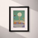 Matted frame view of A cute simple cartoon drawing, kids jumping on a bed under the moon